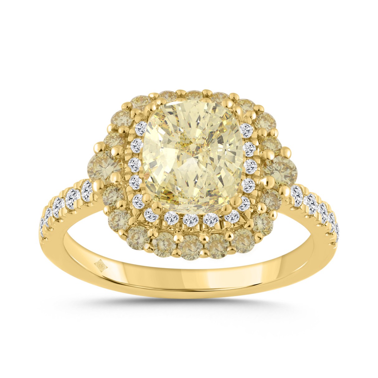 14K YELLOW GOLD 2 3/4CT ROUND/CUSHION DIAMOND LADIES RING (CENTER STONE YELLOW CUSHION DIAMOND 2CT) 1 14K YELLOW GOLD 2 3/4CT ROUND/CUSHION DIAMOND LADIES RING (CENTER STONE YELLOW CUSHION DIAMOND 2CT) - Image 1