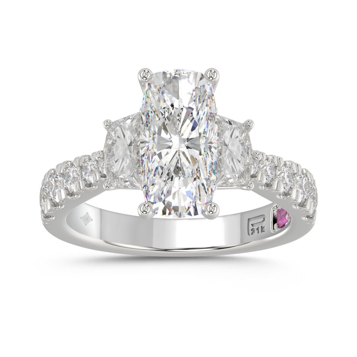 21K PLATINUM LADIES RING WITH 3 1/3CT ROUND/CUSHION/BAGUETTE DIAMONDS (CENTER STONE CUSHION DIAMOND 2CT) 1 21K PLATINUM LADIES RING WITH 3 1/3CT ROUND/CUSHION/BAGUETTE DIAMONDS (CENTER STONE CUSHION DIAMOND 2CT) - Image 1