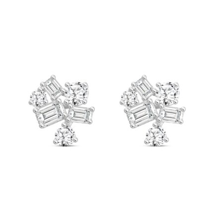 LADIES STUD EARRINGS 3 1/2CT EMERALD/ROUND DIAMOND 14K WHITE GOLD