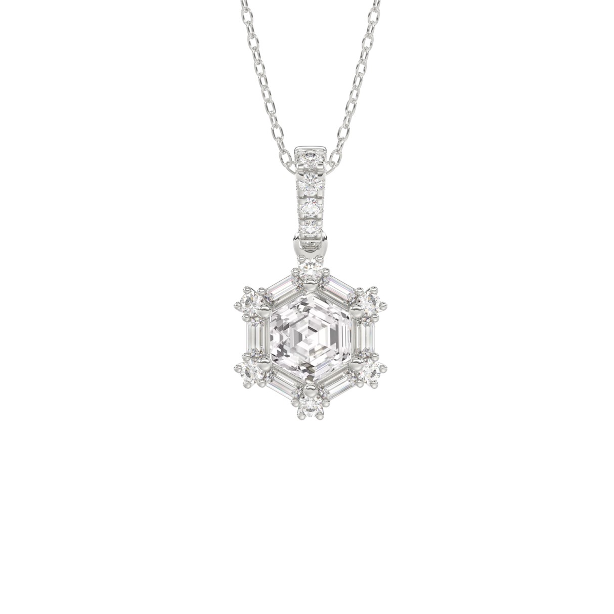 14K WHITE GOLD 1.00CT ROUND/BAGUETTE/HEZAGON STEP CUT DIAMOND LADIES PENDANT 1 14K WHITE GOLD 1.00CT ROUND/BAGUETTE/HEZAGON STEP CUT DIAMOND LADIES PENDANT - Image 1