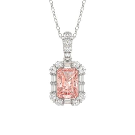 14K WHITE GOLD CRAFTED WITH 18K YELLOW GOLD BACK PLATE 1 1/4CT ROUND/BAGUETTE/PINK RADIANT DIAMOND LADIES PENDANT WITH CHAIN